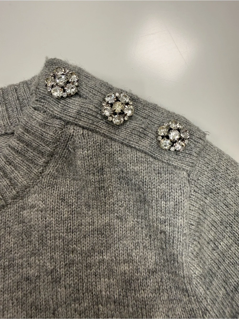 J. Crew Lambs Wool Blend Gray Crewneck Sweater with Shoulder Jewels
